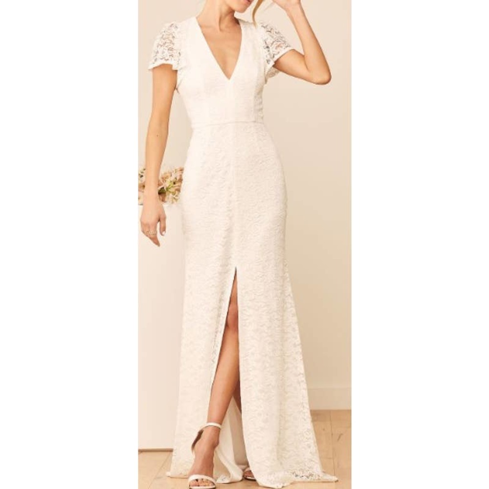 LULU'S S Your Hand in Mine White Lace Flutter Sleeve Bridal Maxi Dress